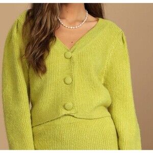 Lulus Basic Rib Knit‎ Short Cardigan Sweater Women's Lime V-Neck Small